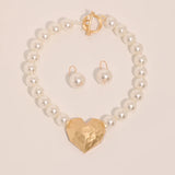 Statement Faux Pearls Necklace&Earrings Heart Pendant for Woman Wedding Party Jewelry