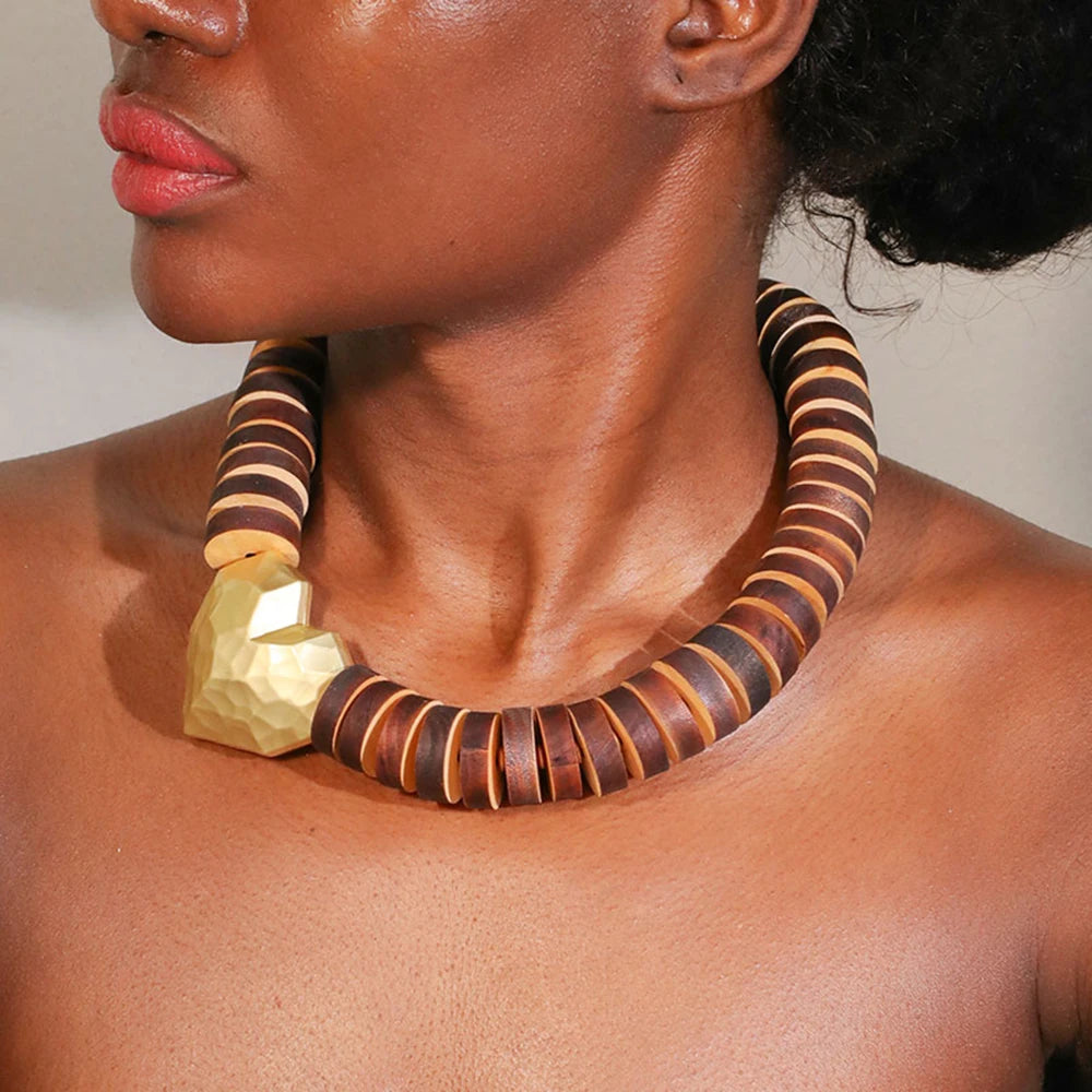 Handmade Wooden Bead Necklace with Gold Love Pendant – Vintage Fashion Jewelry