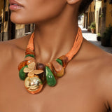 Vintage Orange Rope Necklace with Colorful Stones &amp; Gold Pendant – Artistic Statement Jewelry