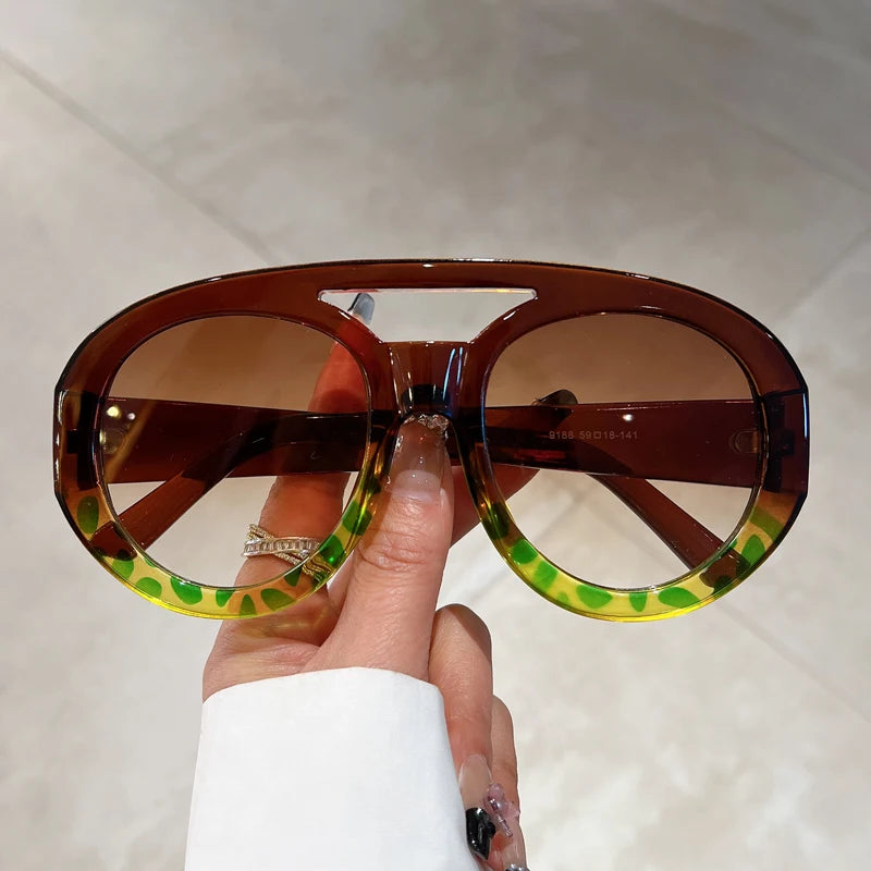 Oversized Round Goggle Sunglasses - Double Bridge Gradient Shades