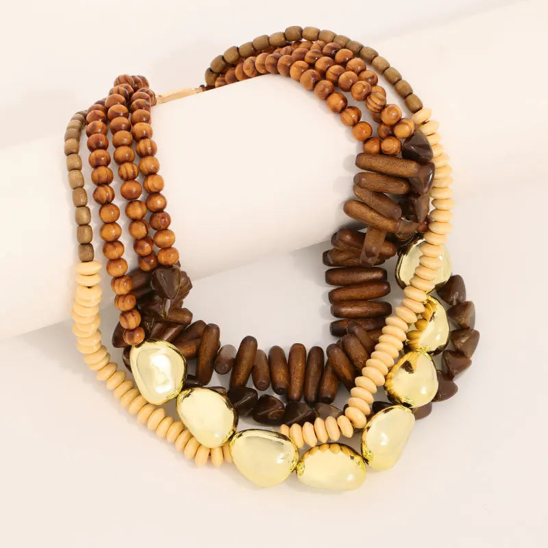 Vintage Multi-Layer Wooden Bead Necklace – Retro Statement Jewelry