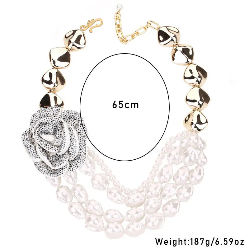 Vintage Pearl &amp; Rose Pendant Necklace – Bold Statement Jewelry