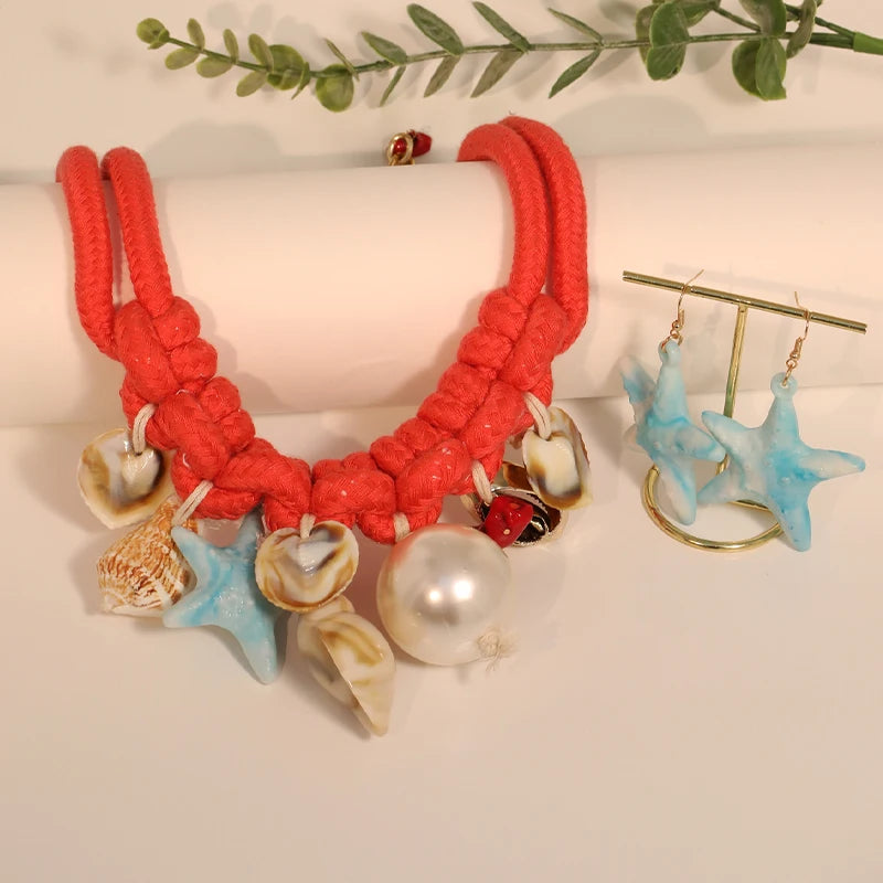 Statement Boho Necklace&Earrings Starfish&Shells Jeweory handmade for Women Girl Gift