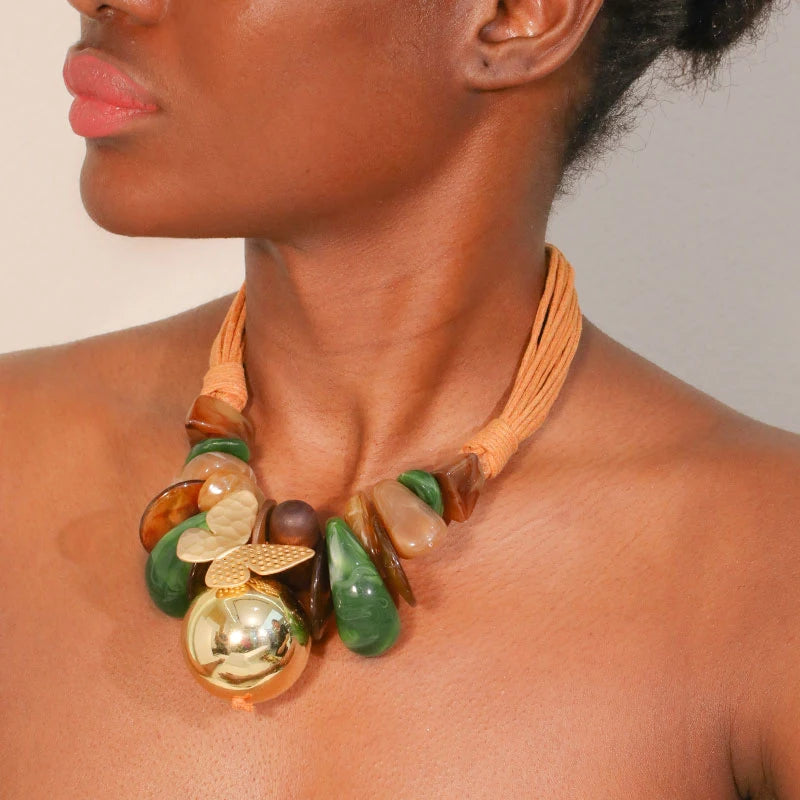 Vintage Orange Rope Necklace with Colorful Stones &amp; Gold Pendant – Artistic Statement Jewelry