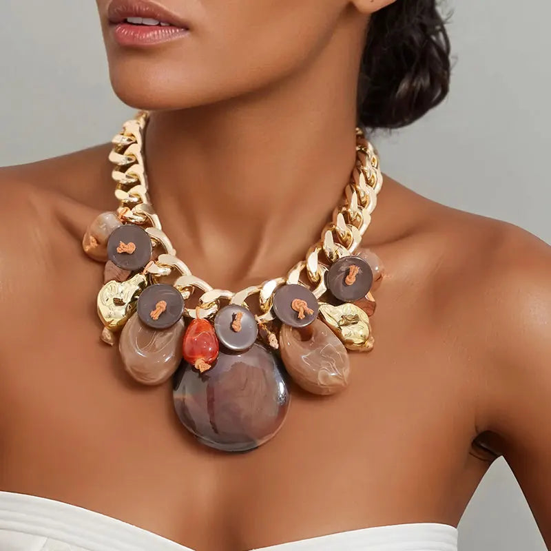 Statement Colorful Resin and Gold Chain Necklace for Women Girl Trendy Party Jewelry