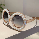 KAMMPT Pearl-Embellished Retro Round Sunglasses - Chic UV400 Shades