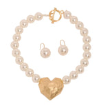 Statement Faux Pearls Necklace&Earrings Heart Pendant for Woman Wedding Party Jewelry