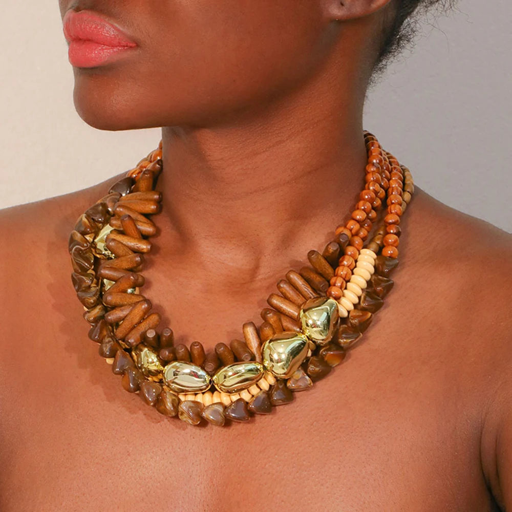 Vintage Multi-Layer Wooden Bead Necklace – Retro Statement Jewelry