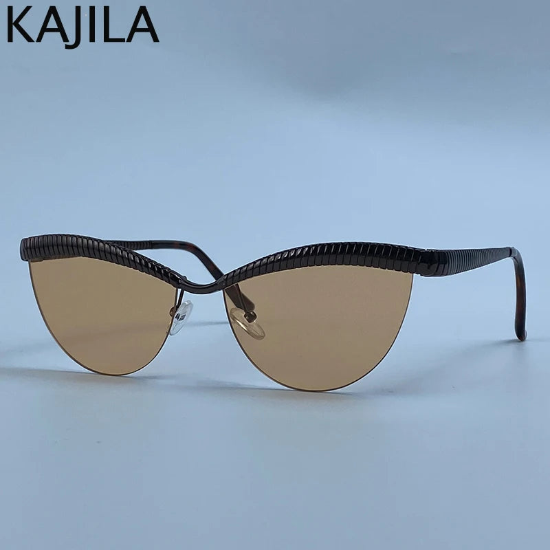 Vintage Cateye Punk Sunglasses - Unique Retro Semi-Rimless Tea Lens Eyewear