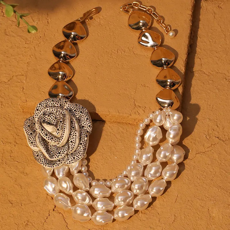 Vintage Pearl &amp; Rose Pendant Necklace – Bold Statement Jewelry
