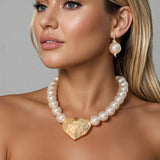 Statement Faux Pearls Necklace&Earrings Heart Pendant for Woman Wedding Party Jewelry