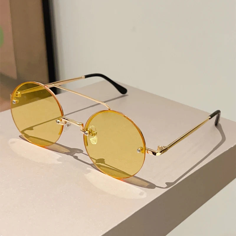 KAMMPT Vintage Rimless Round Sunglasses - UV400 Double Bridge Design
