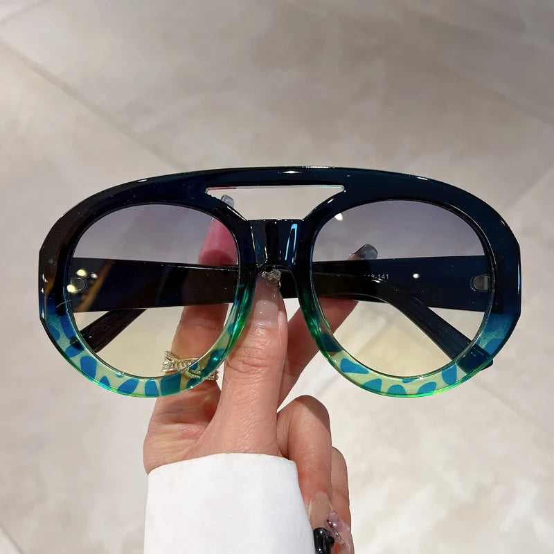 Oversized Round Goggle Sunglasses - Double Bridge Gradient Shades