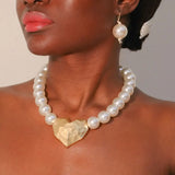 Statement Faux Pearls Necklace&Earrings Heart Pendant for Woman Wedding Party Jewelry