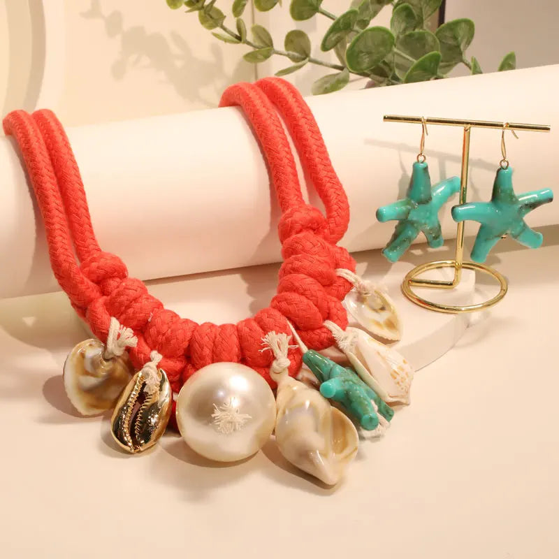 Statement Boho Necklace&Earrings Starfish&Shells Jeweory handmade for Women Girl Gift