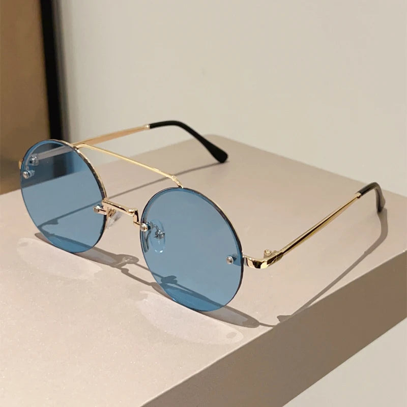 KAMMPT Vintage Rimless Round Sunglasses - UV400 Double Bridge Design