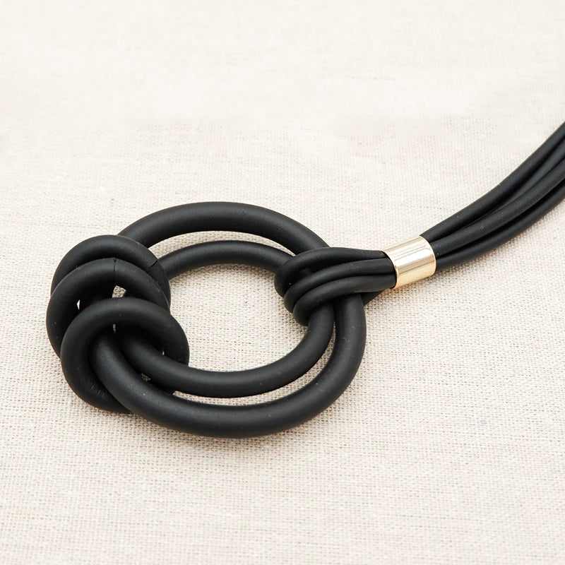 Black Rubber Tassel Pendant Necklace - Statement Jewelry