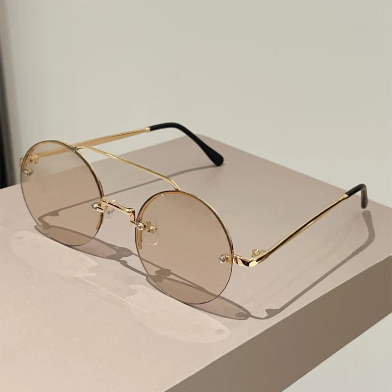 KAMMPT Vintage Rimless Round Sunglasses - UV400 Double Bridge Design