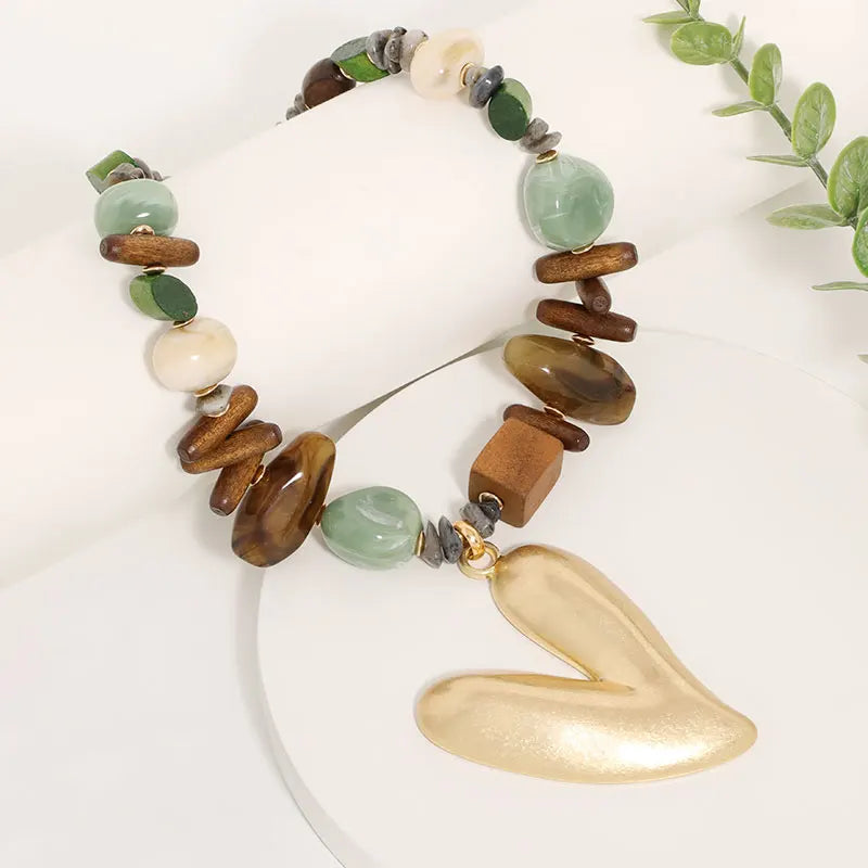 Statement Beaded Necklace with Big Heart Pendant for Women Girl Beach Party Jewelry