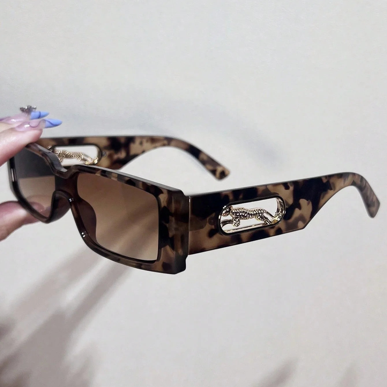 Y2K Leopard Temple Square Sunglasses - Retro Chic for Women