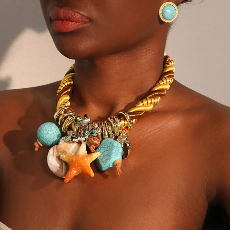 Statement Boho Necklace with Starfish&Frog Design for Women Trendy Wedding Party Jewelry