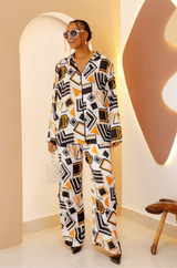 Conjunto de camisa africana de gasa y pantalón de seda JI: vibrante y elegante