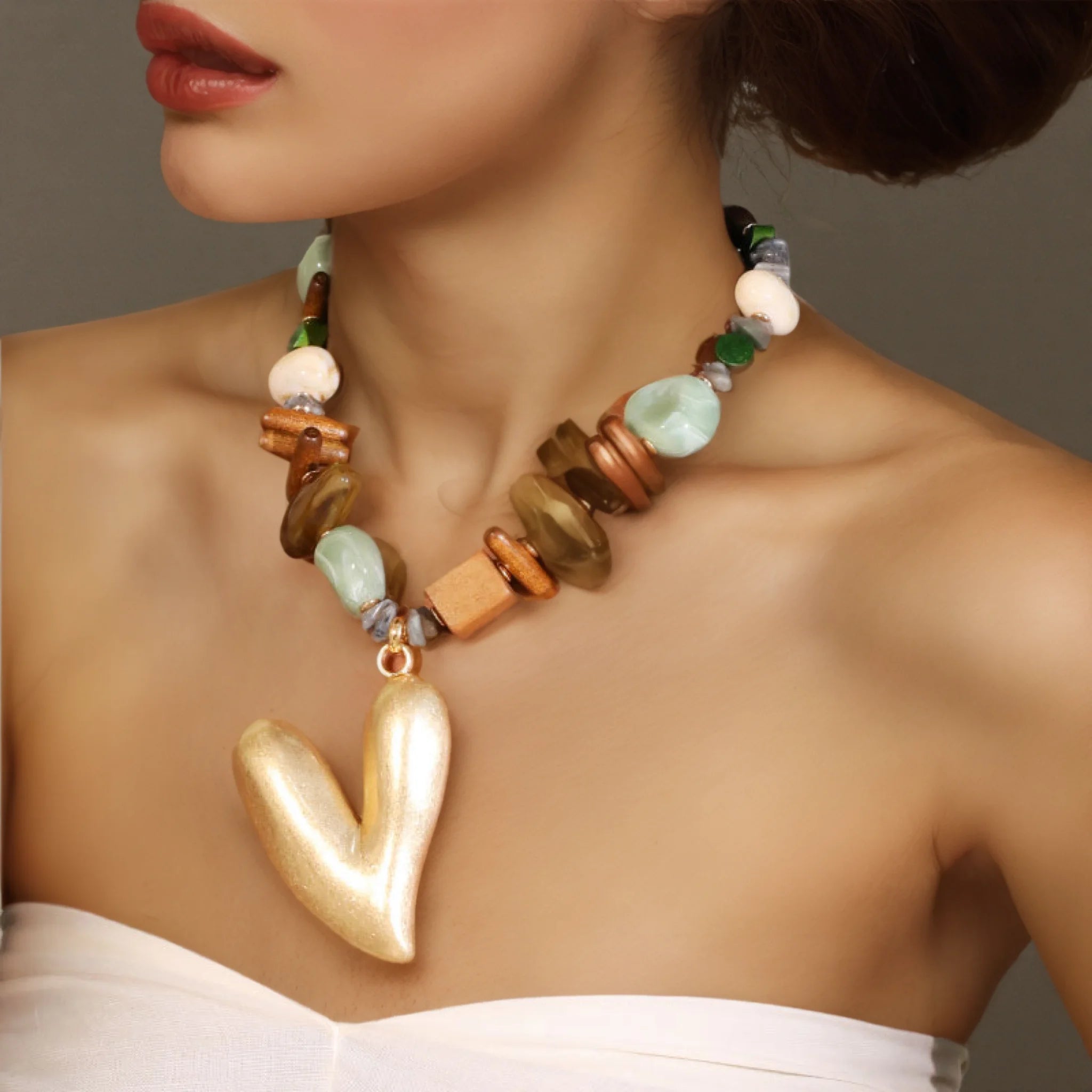 Statement Beaded Necklace with Big Heart Pendant for Women Girl Beach Party Jewelry