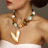 Statement Beaded Necklace with Big Heart Pendant for Women Girl Beach Party Jewelry