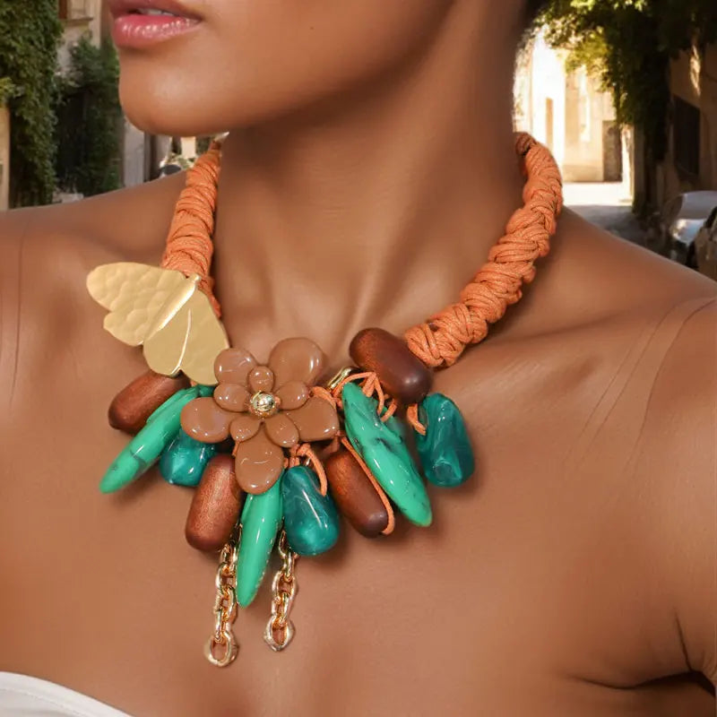 Statement Beads Necklace and Gold Butterfly Woman for Women Girl Trendy Party Jewelry