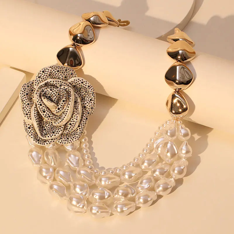 Vintage Pearl &amp; Rose Pendant Necklace – Bold Statement Jewelry