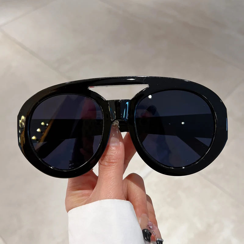 Oversized Round Goggle Sunglasses - Double Bridge Gradient Shades