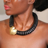 Handmade Wooden Bead Necklace with Gold Love Pendant – Vintage Fashion Jewelry