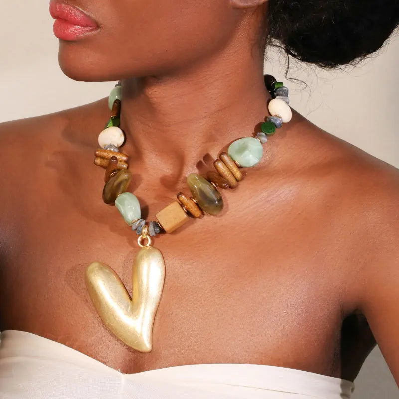 Statement Beaded Necklace with Big Heart Pendant for Women Girl Beach Party Jewelry