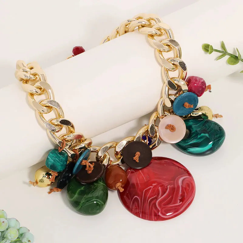 Statement Colorful Resin and Gold Chain Necklace for Women Girl Trendy Party Jewelry