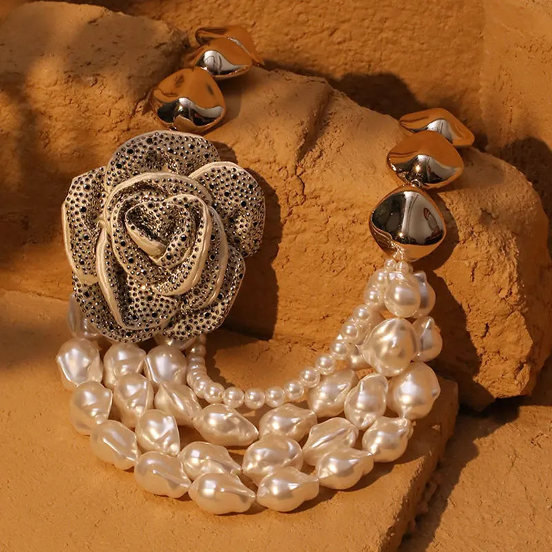 Vintage Pearl &amp; Rose Pendant Necklace – Bold Statement Jewelry