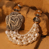 Vintage Pearl &amp; Rose Pendant Necklace – Bold Statement Jewelry