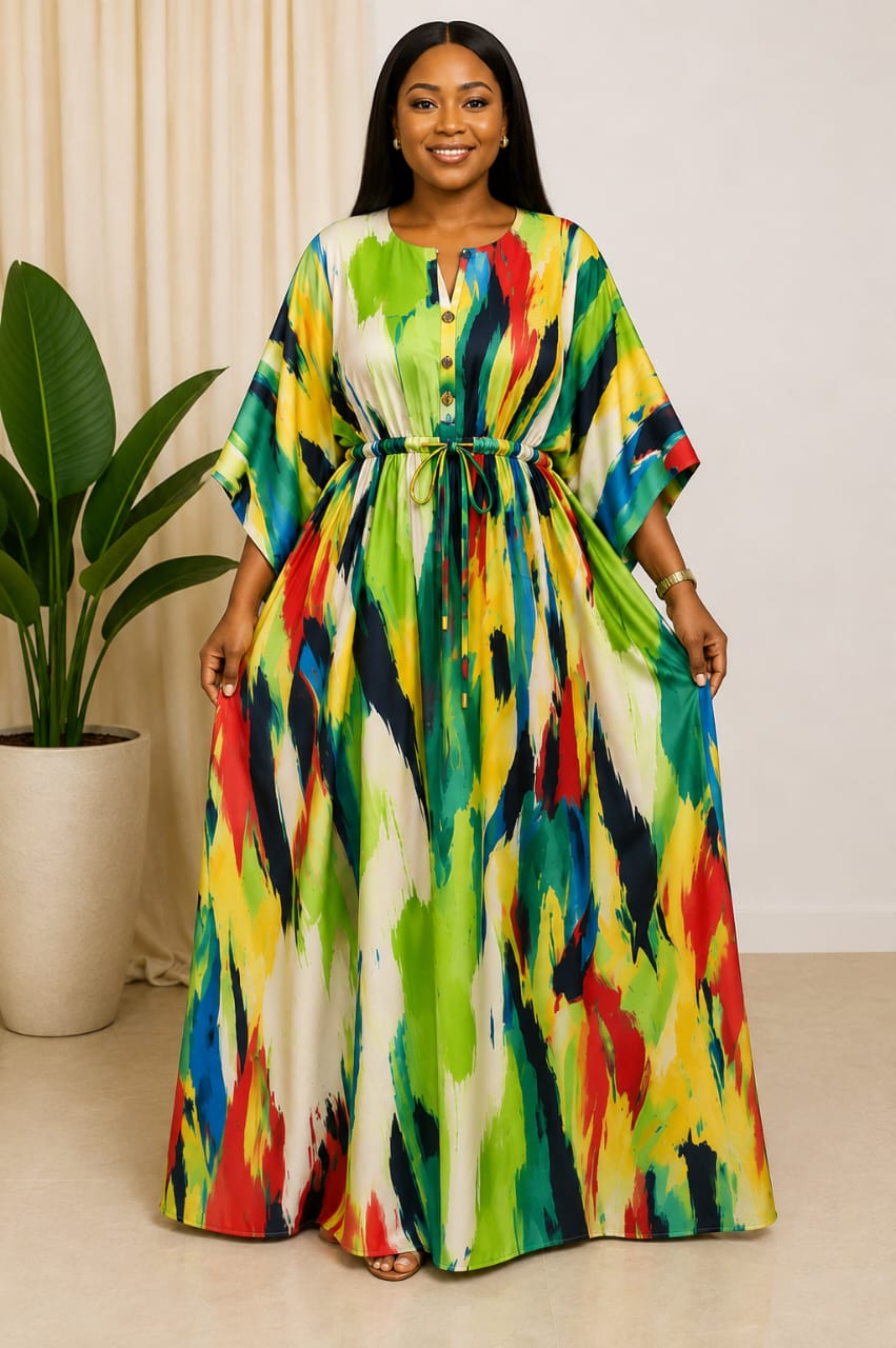 Umuoma multicolored crepe floor-length kaftan dress featuring wide 3/4 kimono sleeves, round neckline, button-front placket, adjustable drawstring waist, and flowing maxi silhouette.