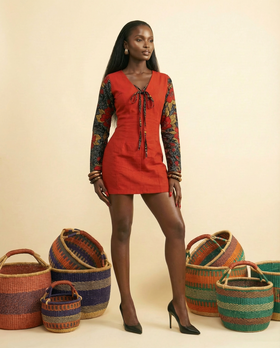 Igirigi Aso Oke Mini Dress - Ankara Trim & Voluminous Sleeves - back view