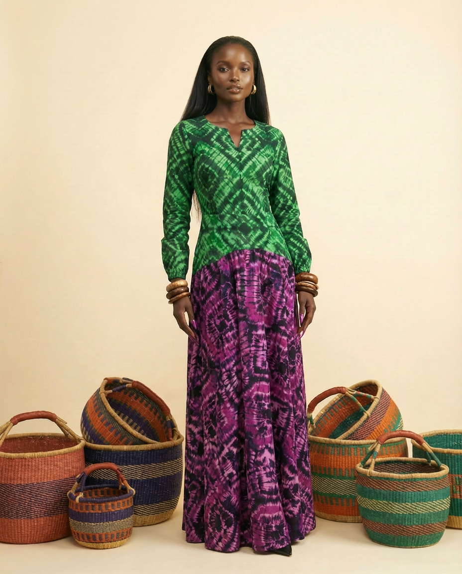 Ntinti Ankara Bell Sleeve Two-Tone Midi Dress - A-Line Luxury - back view