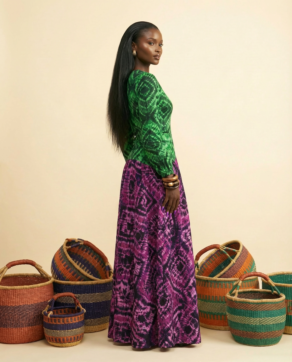 Ntinti Ankara Bell Sleeve Two-Tone Midi Dress - A-Line Luxury - back view