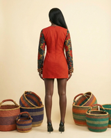 Igirigi Aso Oke Mini Dress - Ankara Trim & Voluminous Sleeves - back view