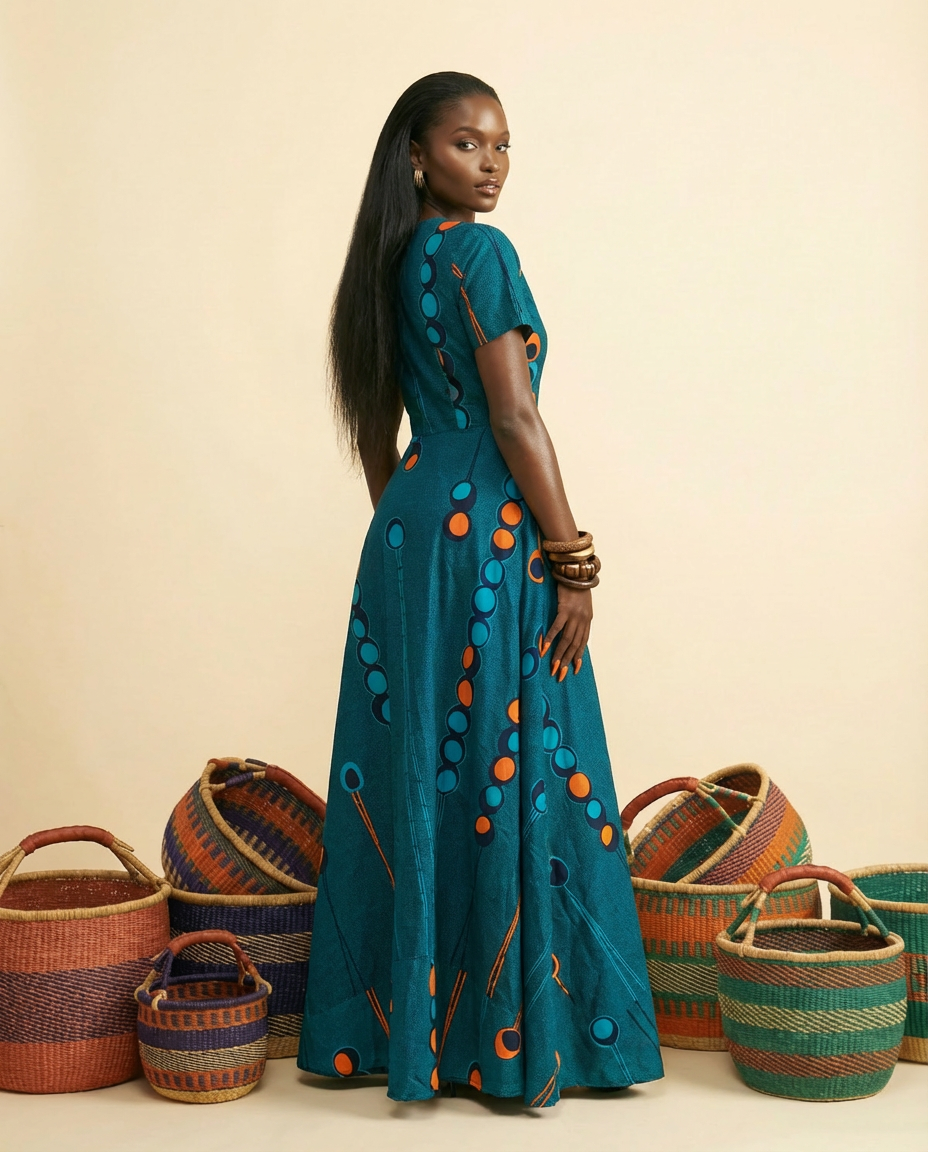 Nkechi African Print Maxi Dress - V-Neck Elegance (Final Sale) - back view