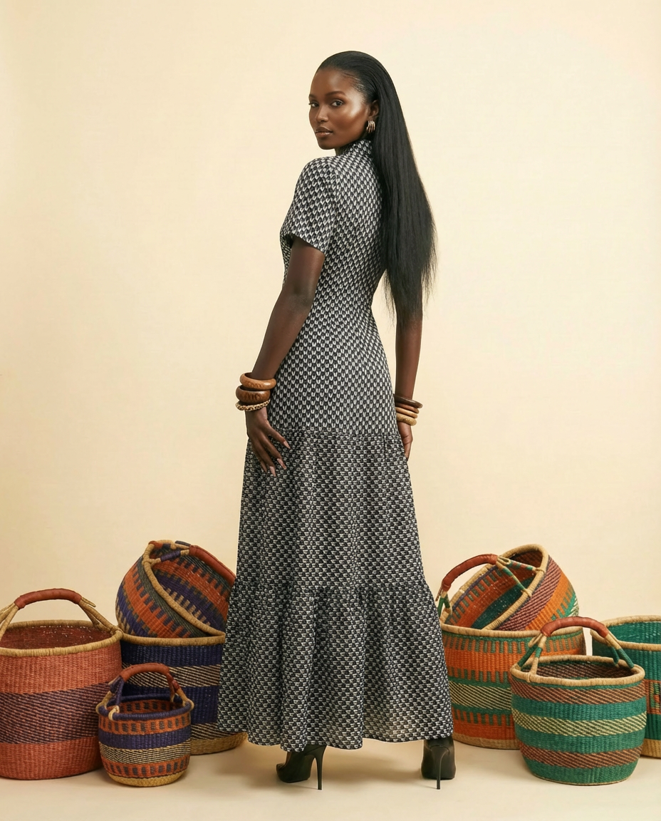 Oja Ankara Maxi Dress: Collared Boho Button-Front Elegance - back view