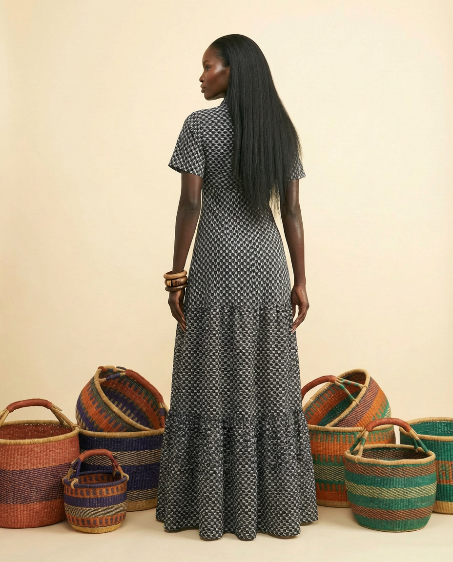 Oja Ankara Maxi Dress: Collared Boho Button-Front Elegance - back view