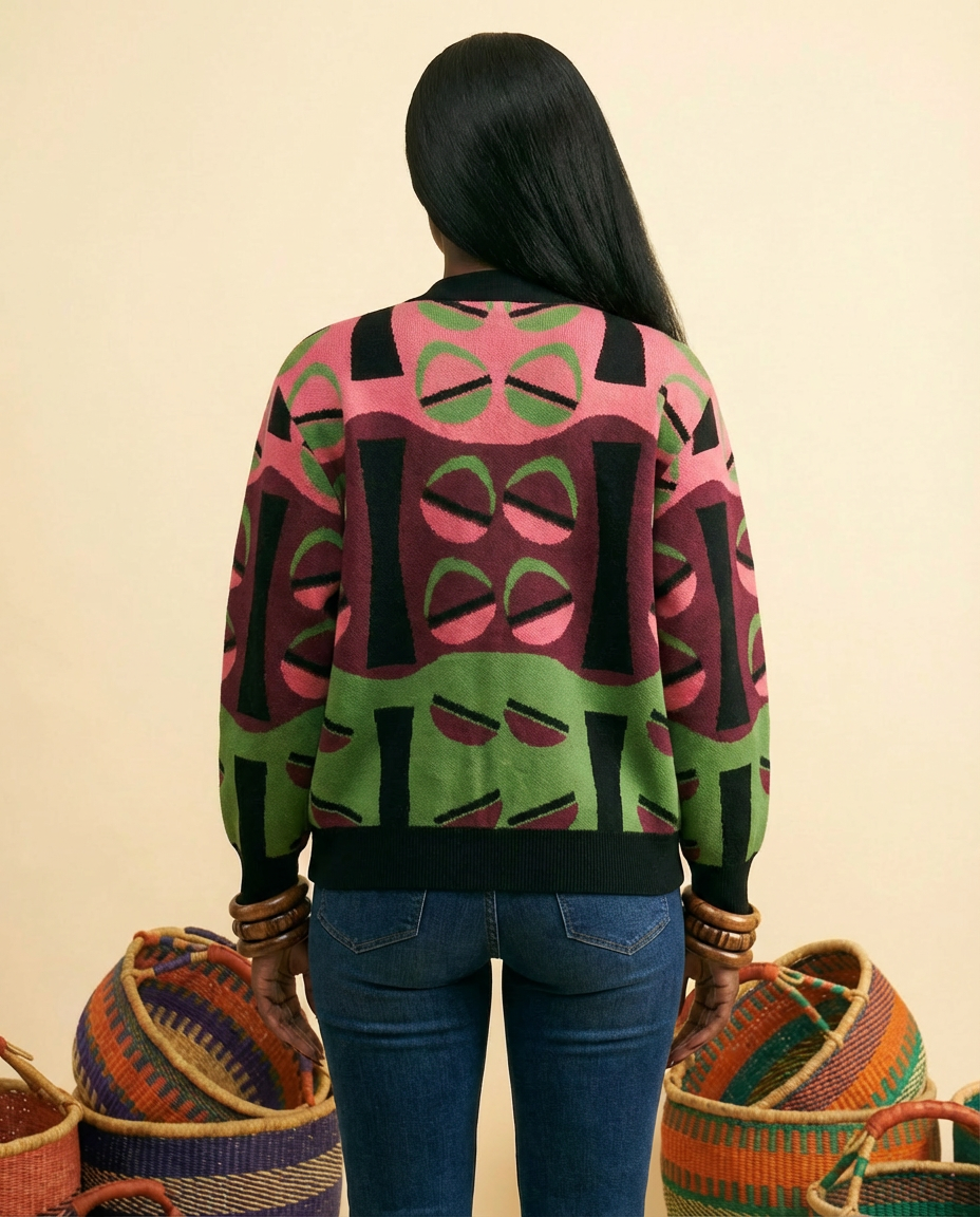 Birdseye Jacquard Knit Cardigan - Customizable Cotton Blend - back view