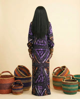 Akacham Adire V-Neck Shirt Dress - Lantern Sleeve Midi - back view
