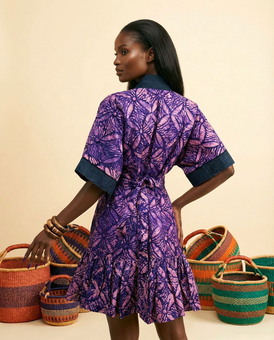 Ericham Adire Mini Bubu Dress - Aso-Oke Trim - back view