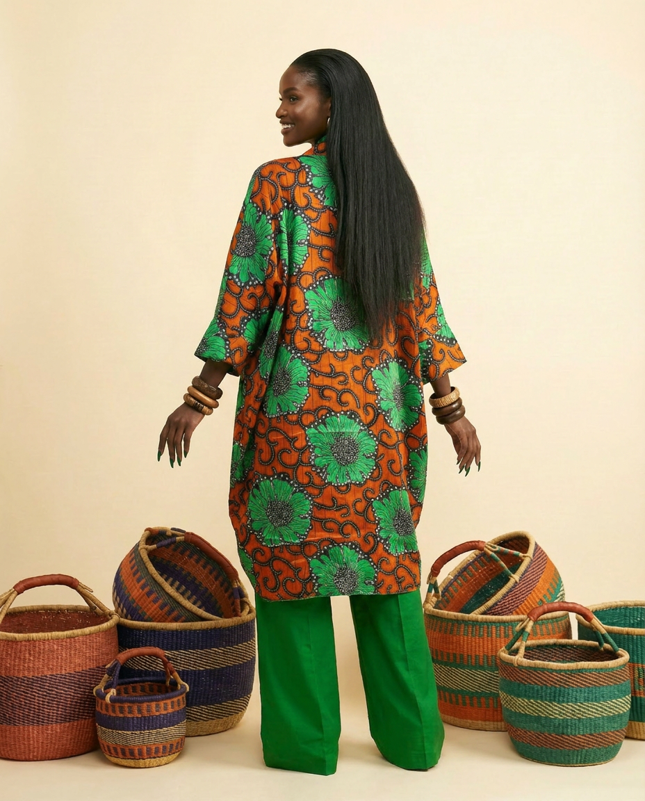Ngugu: Emerald Aso-Oke Palazzo & Ankara Kimono Set - back view