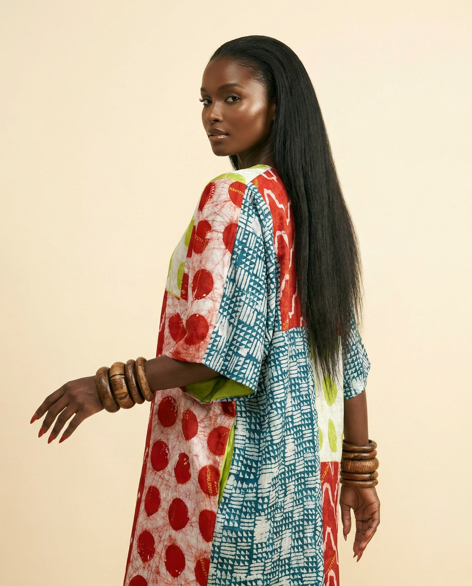 Onu Adire Cocoon Kimono Jacket - Luxe Silk Blend - back view