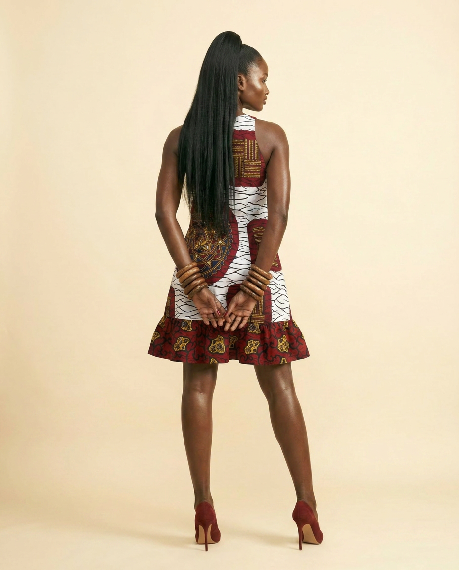 Adire Bloom Cotton Midi Dress - White & Red Print - back view